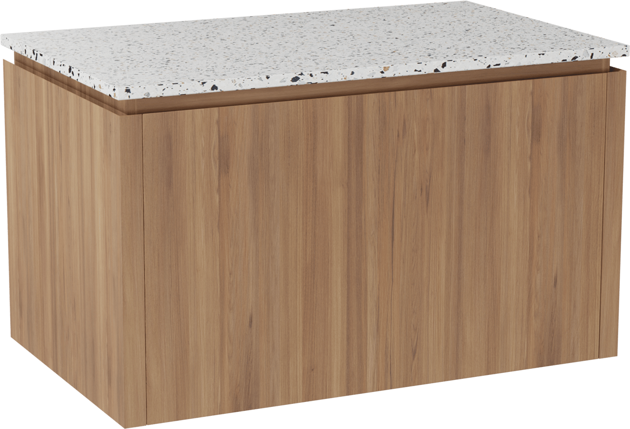 Balmani Eclips hängendes Möbelstück Set: 90 x 55 cm, Teak, mit Stretto Einzel Waschtischplatte Bianco Nero Terrazzo