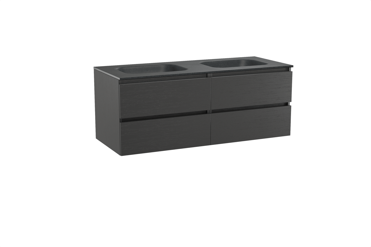 Balmani Lucida zwevend badkamermeubel 135 x 55 cm zwarte eik met Tablo Arcato dubbele wastafel in graniet zwart