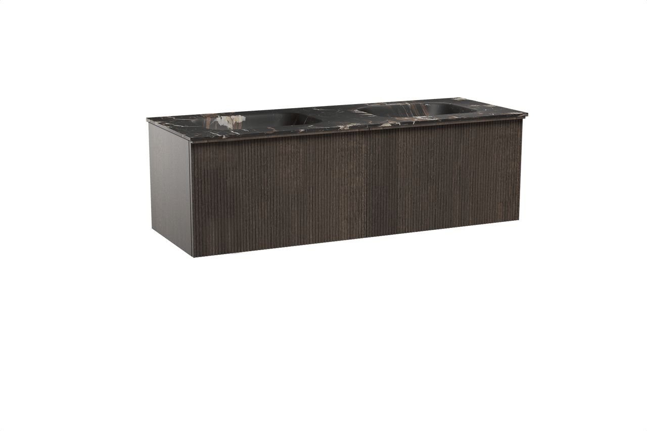 Balmani Forma hängendes Möbelstück Set: 150 x 55 cm, Geräucherte Eiche, mit Tablo Arcato Doppelwaschtisch, Marmor, Portoro Gold, Vertikale symmetrische gerade Rippe