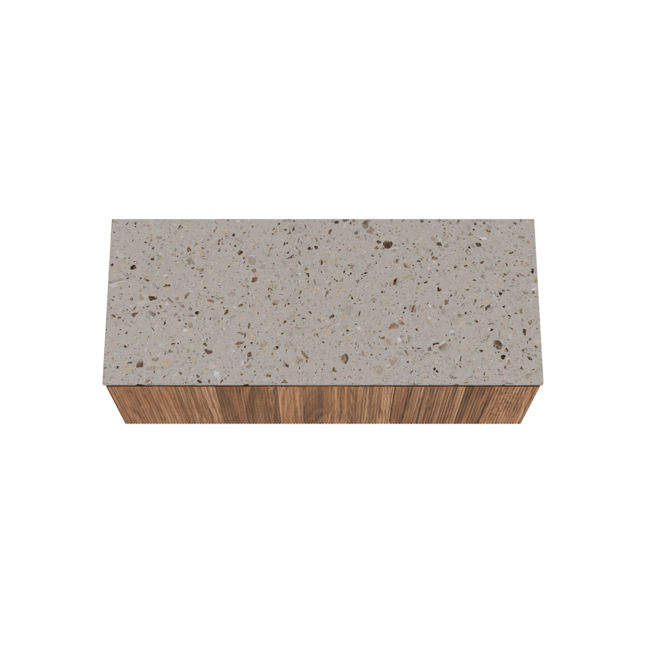 Balmani Fila zwevend badmeubel 135 x 55 cm notenhout met Stretto enkel of dubbel wastafelblad in terrazzo greige terrazzo, Verticale symmetrische rechte ribbel