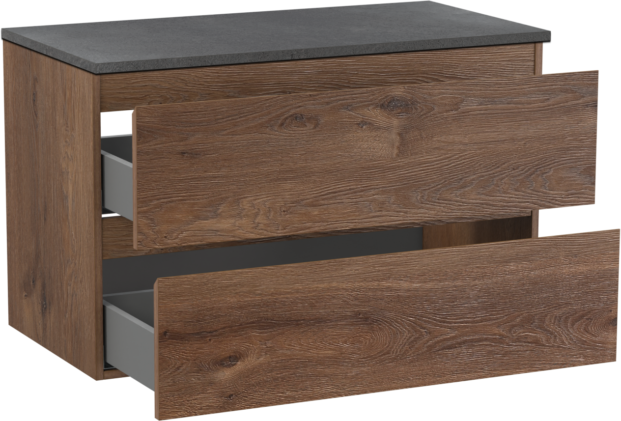 Linie Lado zwevend badkamermeubel 90 x 46 cm bruine eik met Lado enkel tablet in melamine leisteen grijs