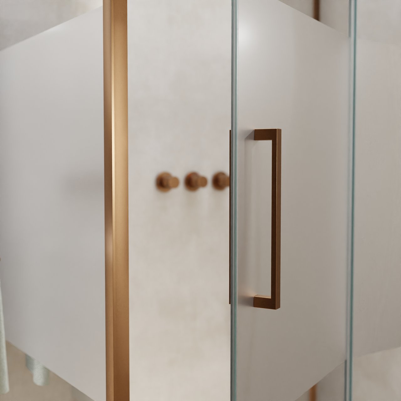 Balmani Senses Design douche en coin avec porte pivotante à droite et paroi latérale fixe, 140 x 90 cm, Verre transparent avec bande matte, Profil Brushed Rosegold, coating inclus, coating inclus