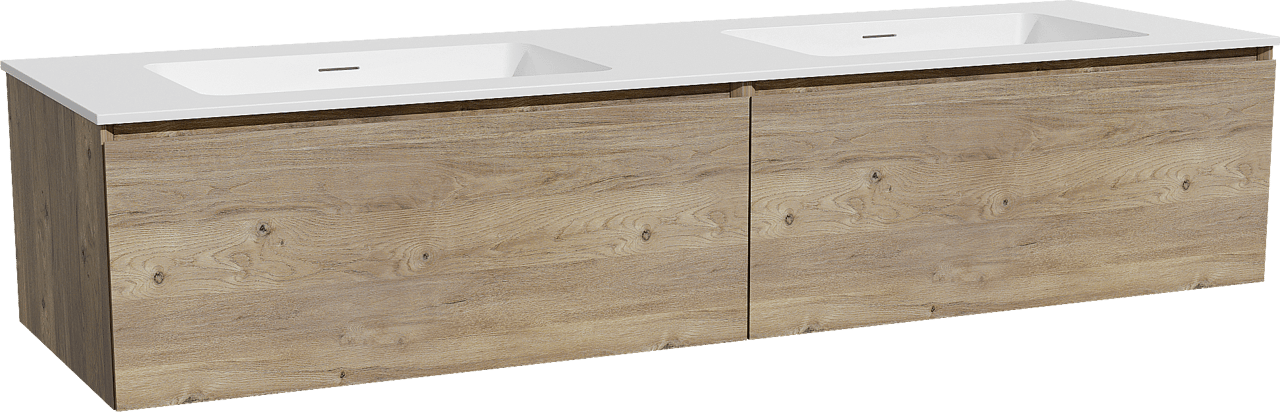 Storke Edge zwevend badkamermeubel 170 x 52 cm ruwe eik met Mata dubbele wastafel in solid surface mat wit