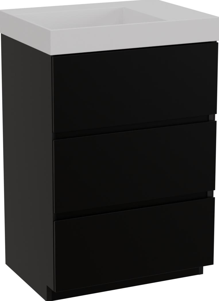 Storke Edge freistehendes Möbelstück Set: 60 x 46 cm, Schwarz matt, mit Jura Waschtisch links, Solid Surface Weiß matt