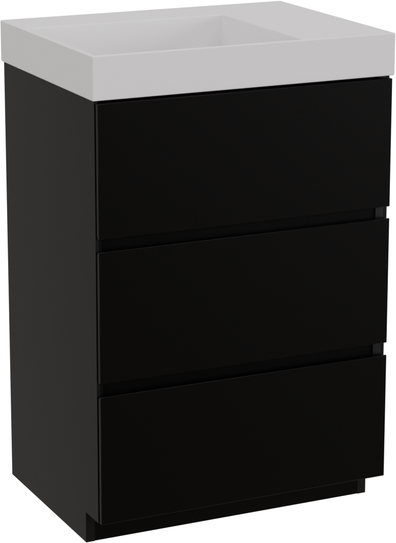 Storke Edge meuble salle de bains à poser 60 x 46 cm noir mat avec Jura vasque asymétrique gauche en solid surface blanc mat