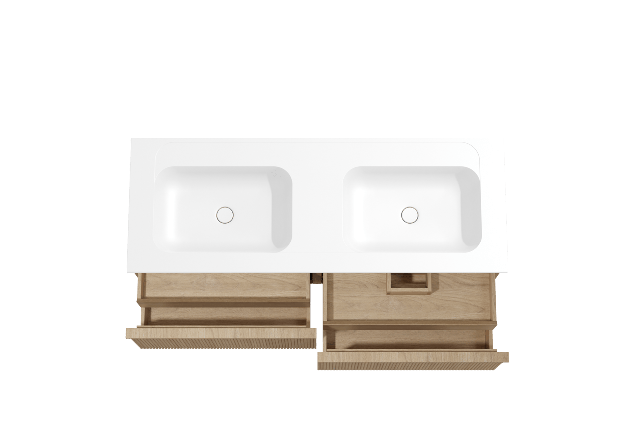 Balmani Forma meuble salle de bains suspendu 150 x 55 cm chêne naturel avec Tablo Strada double vasque en marbre composite blanc mat, Nervure droite symétrique verticale