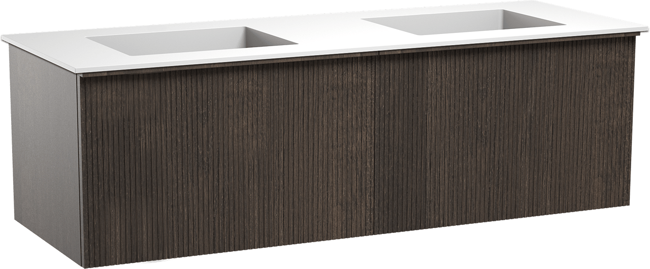 Balmani Forma zwevend badkamermeubel 150 x 55 cm gerookte eik met Tablo Stretto dubbele wastafel in solid surface mat wit, Verticale symmetrische rechte ribbel