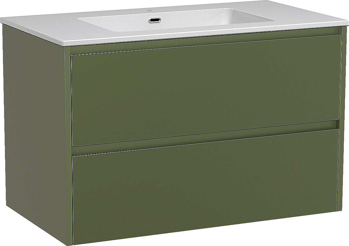 Storke Seda zwevend badmeubel 95 x 52 cm olijfgroen met Diva enkele wastafel in composietmarmer hoogglans wit