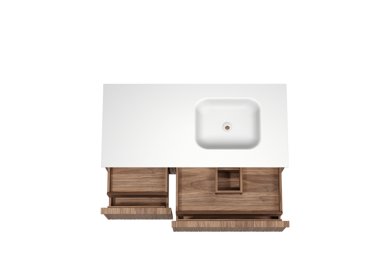 Balmani Forma zwevend badmeubel 120 x 55 cm amerikaans notenhout met Tablo Arcato asymmetrisch rechtse wastafel in solid surface mat wit, Verticale asymmetrische ronde ribbel