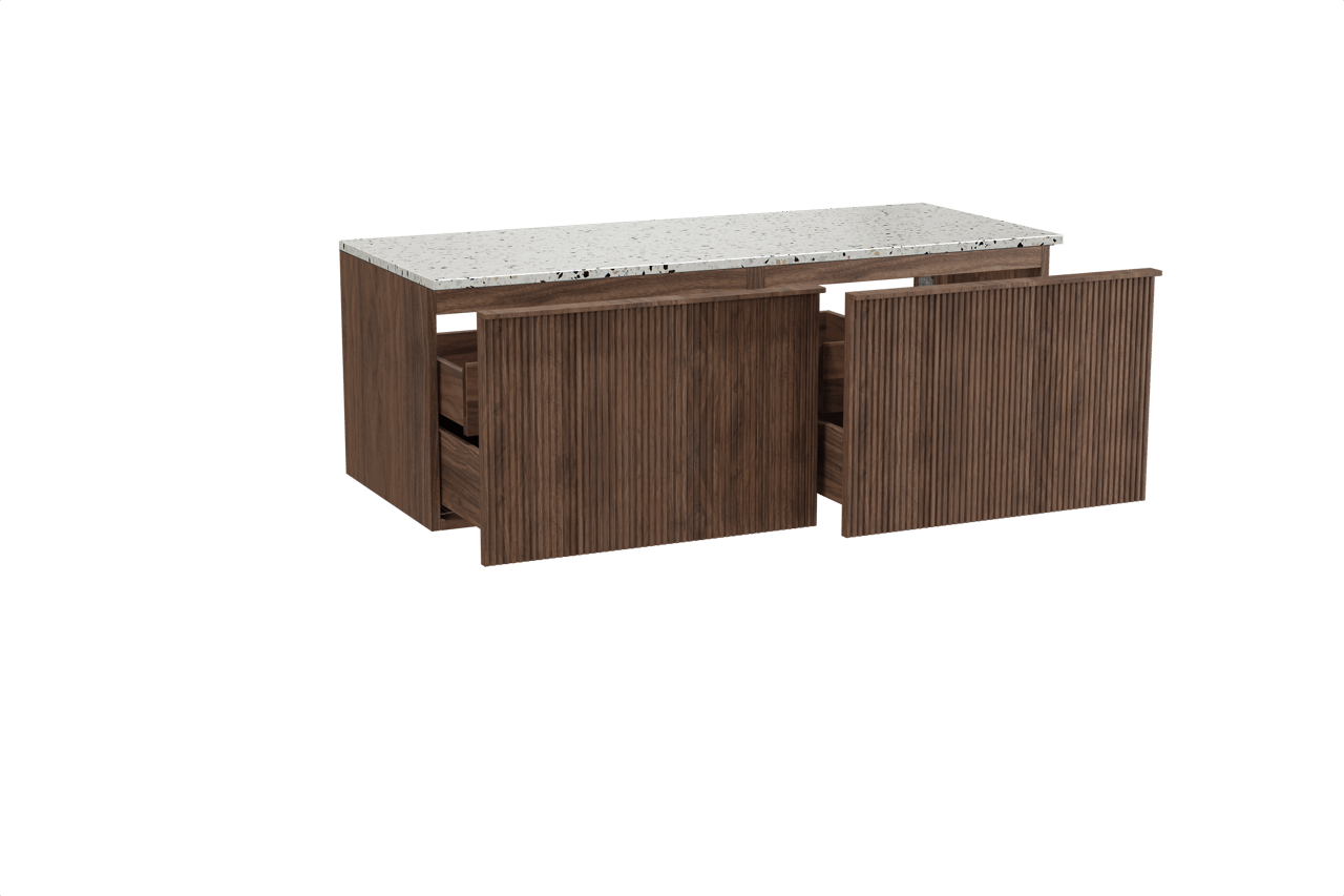 Balmani Forma zwevend badmeubel 135 x 55 cm amerikaans notenhout met Stretto enkel of dubbel wastafelblad in mat wit/zwart terrazzo, Verticale symmetrische rechte ribbel