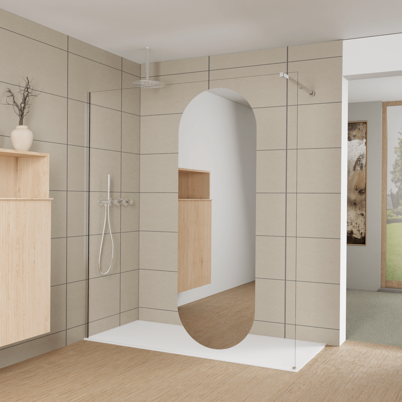 Balmani Modular inloopdouche: 180 x 200 cm, Reflex ovaal spiegelglas, Glanzend chroom profielen