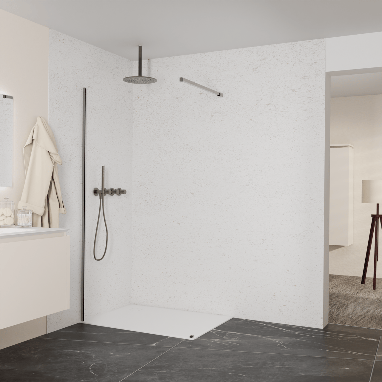 Balmani Modular Walk-In Dusche: 110 x 200 cm, Klarglas, inklusive Coating, Profil Brushed GunMetal