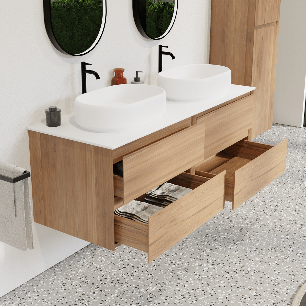 Balmani Mitra meuble salle de bains suspendu 150 x 55 cm teck avec Stretto tablette simple ou double en solid surface blanc mat