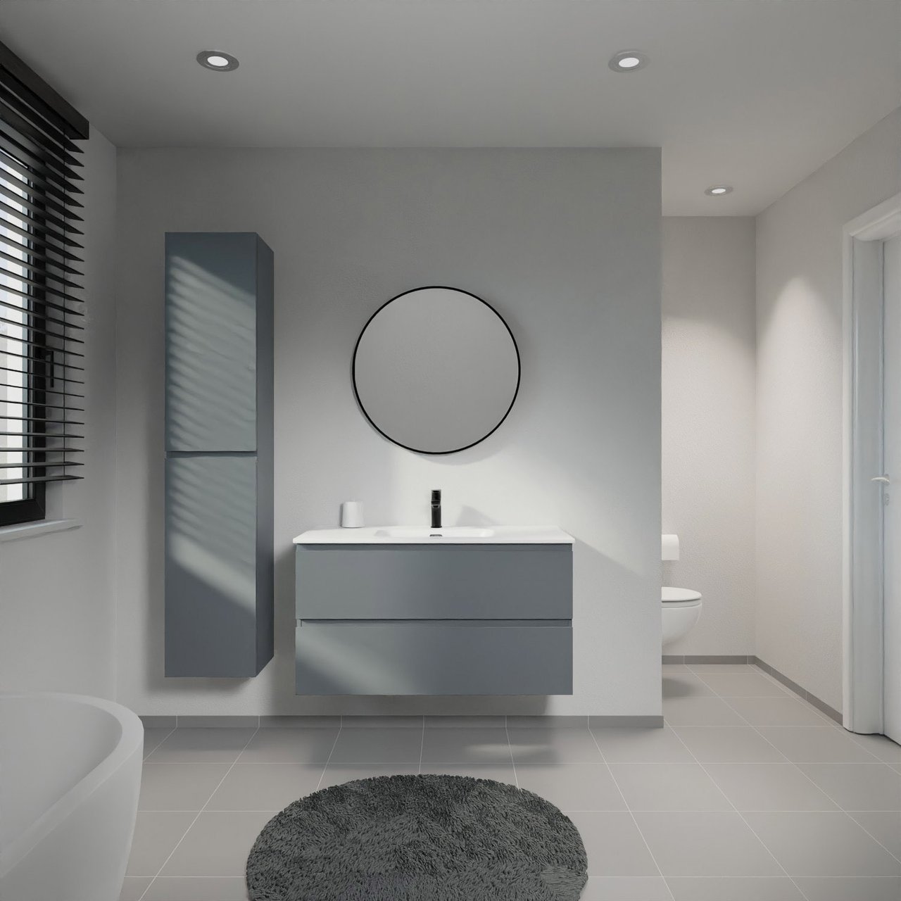 Linie Lado zwevend badkamermeubel 100 x 46 cm blauw antraciet met Baro enkele wastafel in porselein mat wit