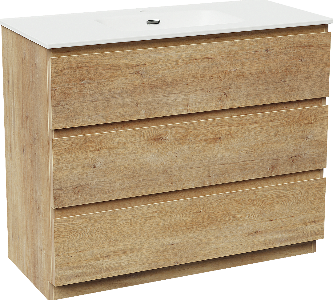 Linie Lado meuble salle de bains à poser 100 x 46 cm chêne naturel avec Baro plan simple en porcelaine blanc mat