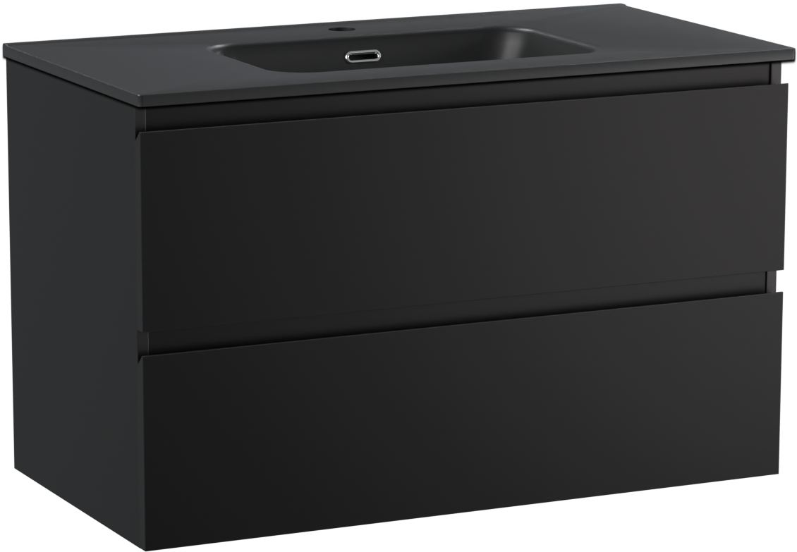 Linie Lado hängendes Möbelstück Set: 90 x 46 cm, Schwarz matt, mit Baro Einzelwaschtisch, Porzellan Schwarz matt und Soto Badspiegel