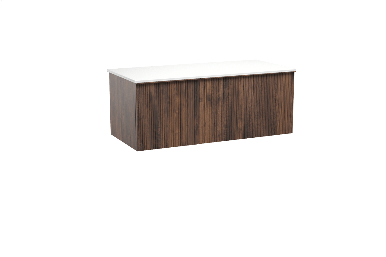 Balmani Forma zwevend badmeubel 120 x 55 cm amerikaans notenhout met Stretto enkel of dubbel wastafelblad in solid surface mat wit, Verticale symmetrische rechte ribbel