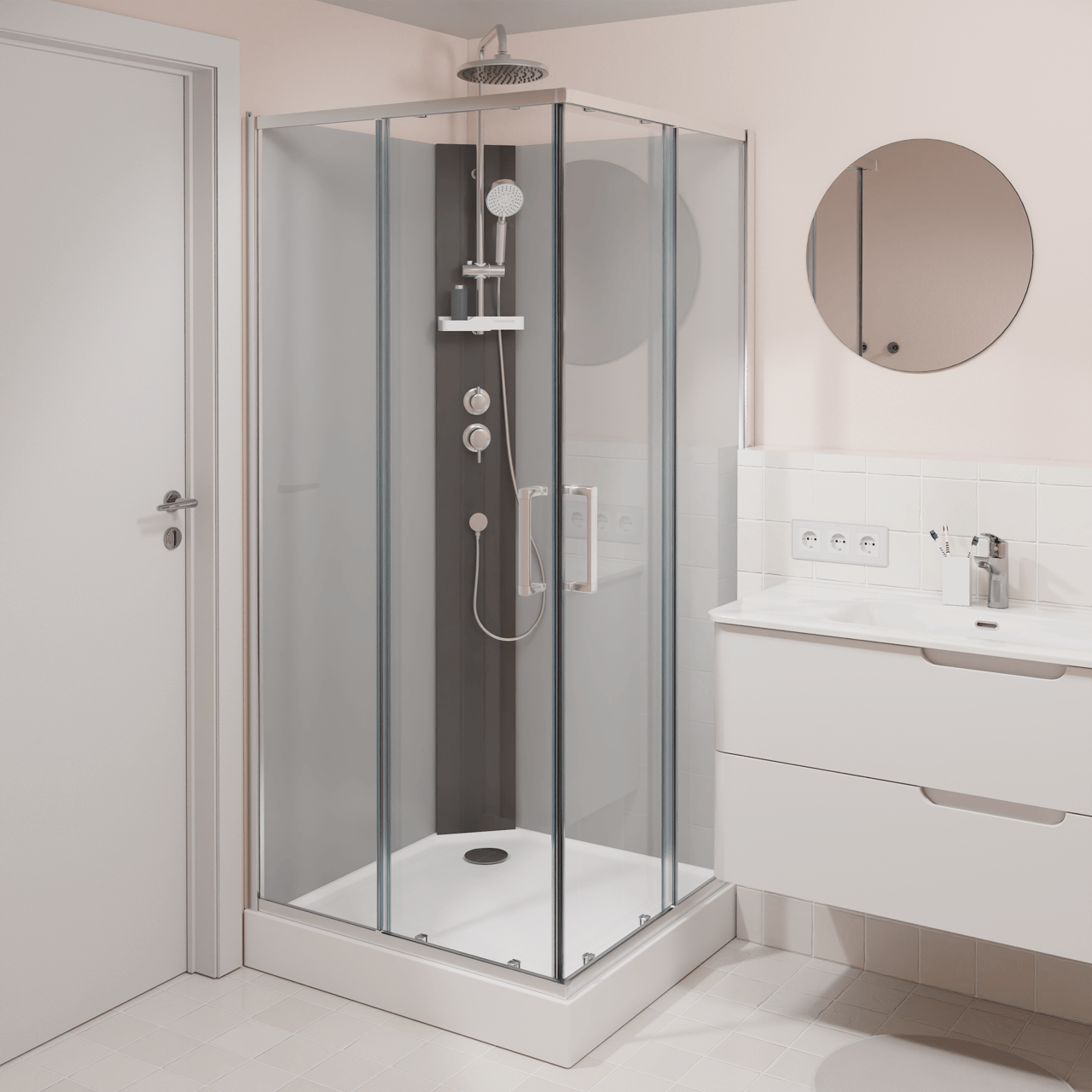 Linie Salta cabine de douche avec portes coulissantes 90 x 90 cm verre transparent profil chrome avec robinet