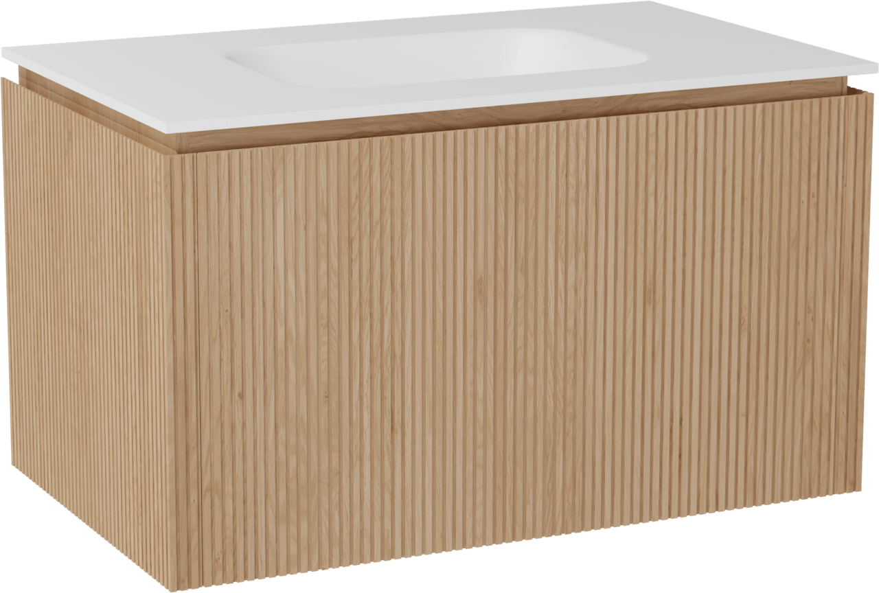 Balmani Eclips hängendes Möbelstück Set: 90 x 55 cm, Eiche Natur, mit Tablo Arcato Einzelwaschtisch Solid Surface Weiβ matt, Vertikale symmetrische gerade Rippe