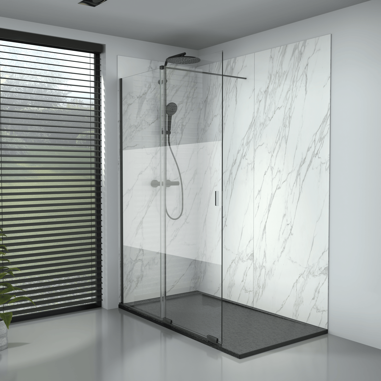 Balmani Move Slide  Walk-In-Dusche mit Schiebetür 140 x 200 cm Links Band Glas Matt Schwarz Profil