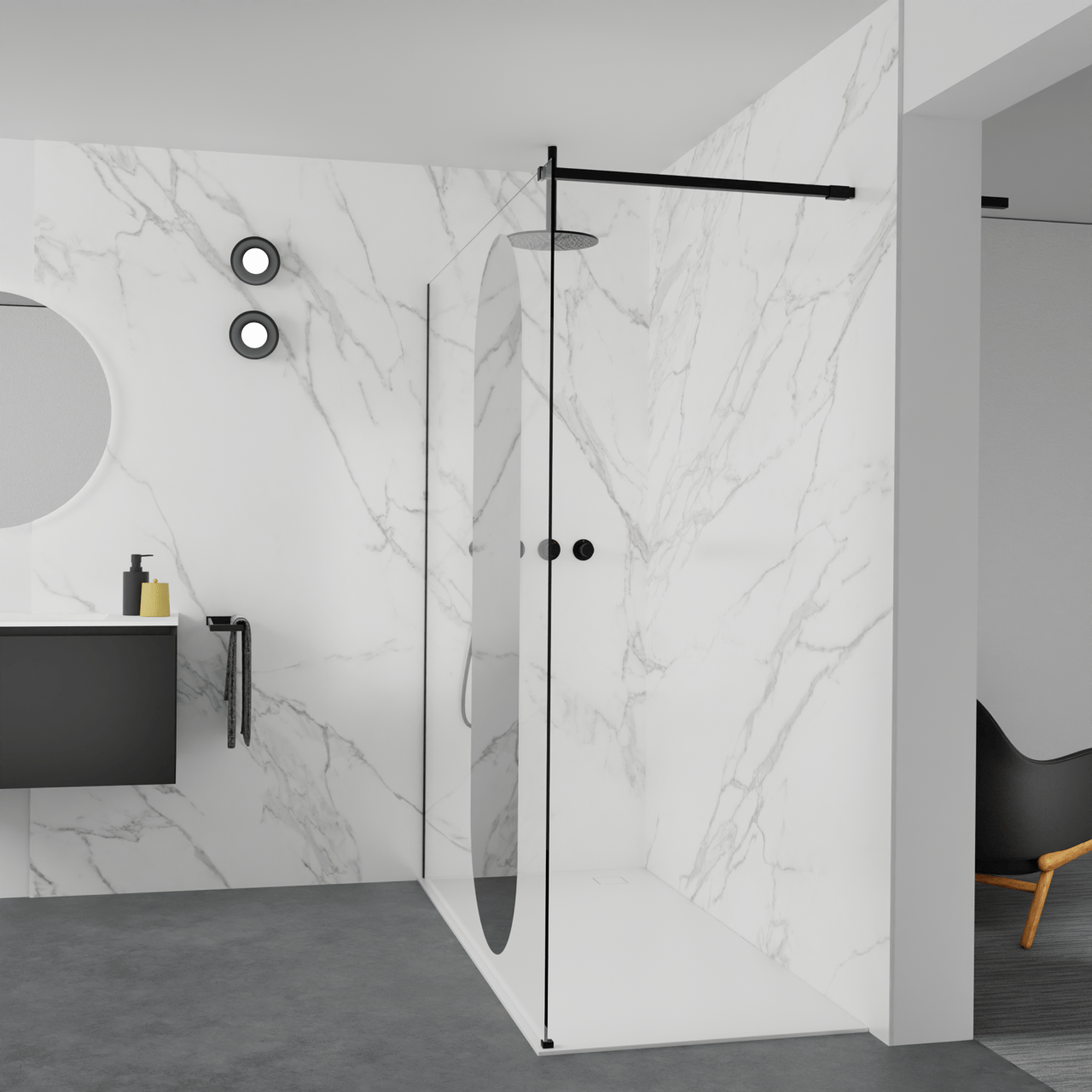 Balmani Modular inloopdouche: 180 x 200 cm, Reflex ovaal spiegelglas, Mat zwarte profielen