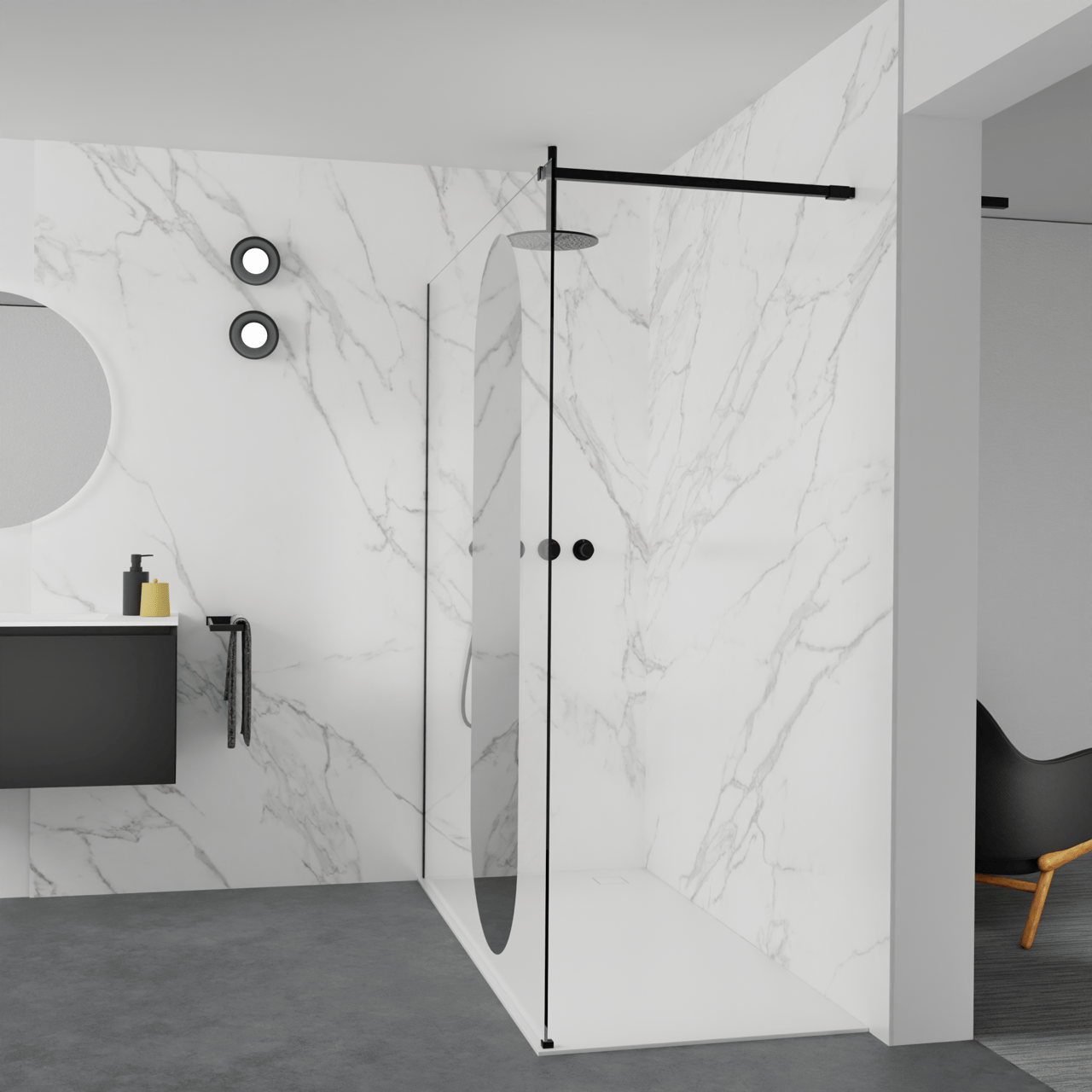 Balmani Modular inloopdouche: 180 x 200 cm, Reflex ovaal spiegelglas, Mat zwarte profielen