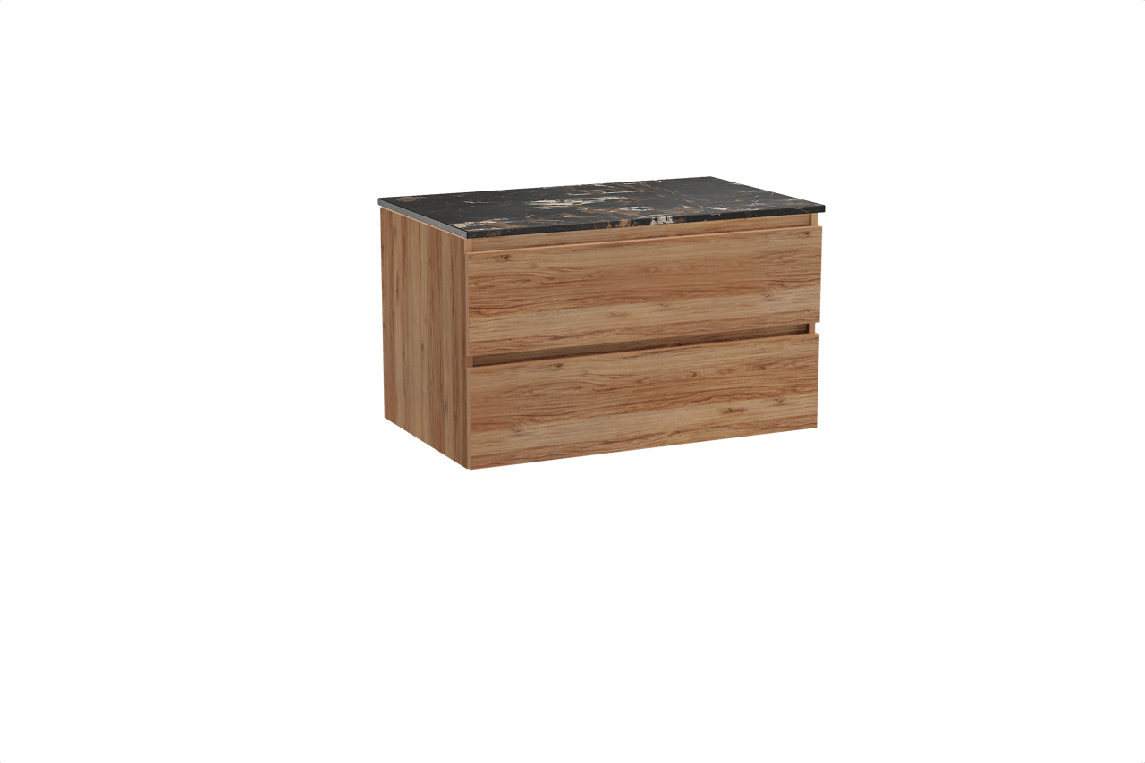 Balmani Lucida hängendes Möbelstück Set: 90 x 55 cm, Teak, mit Stretto Einzel Waschtischplatte, Marmor Portoro Gold