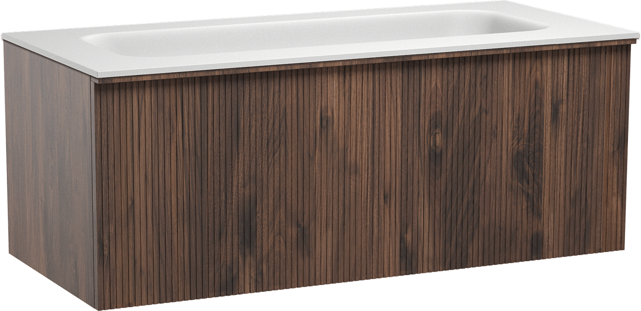 Balmani Forma hängendes Möbelstück Set: 120 x 55 cm, Amerikanischer Nussbaum, mit Tablo Arcato Einzelwaschtisch für 2 Armaturenlöcher, Solid Surface, Weiß matt, Vertikale symmetrische gerade Rippe