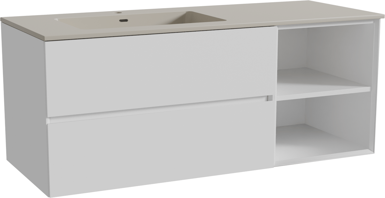 Storke Edge zwevend badkamermeubel 130 x 52 cm mat wit met Diva asymmetrisch linkse wastafel in top solid zijdegrijs