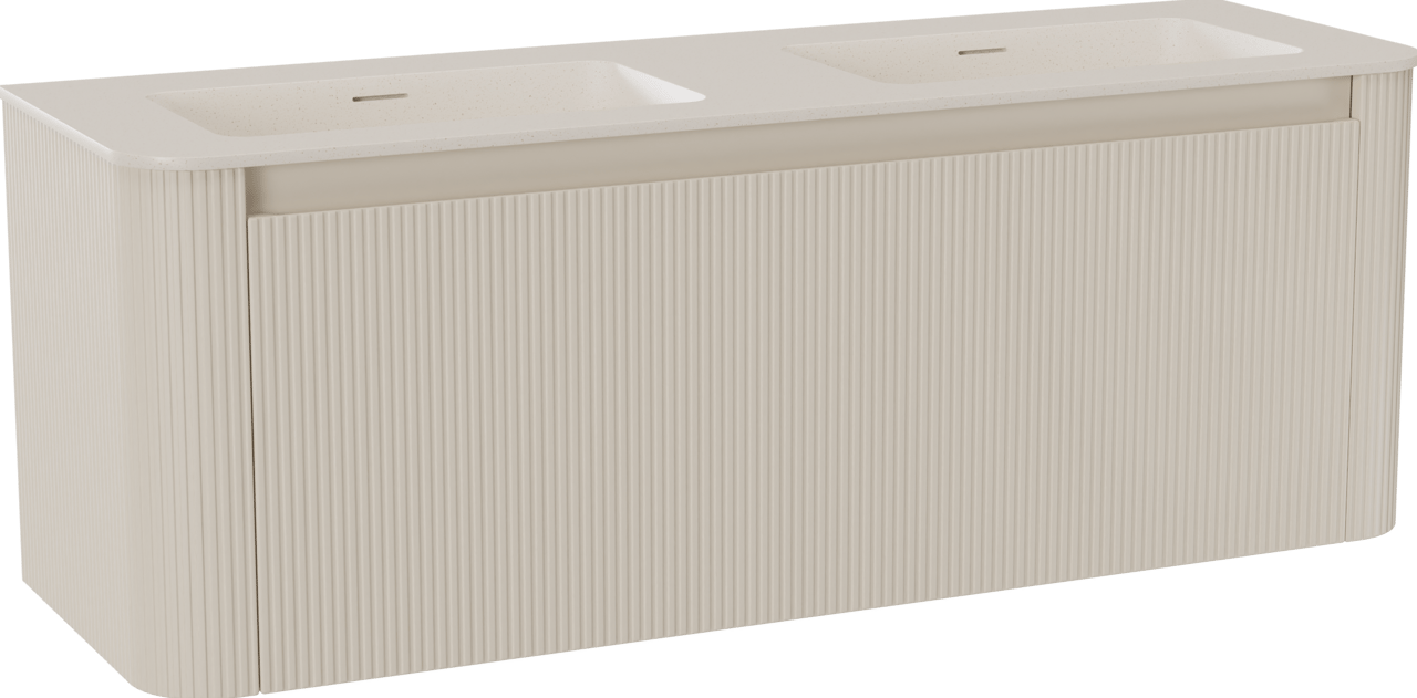 Storke Soft zwevend badmeubel 140 x 46 cm Sand mat met Mata Soft dubbele wastafel in solid surface beige granita, Verticale symmetrische rechte ribbel