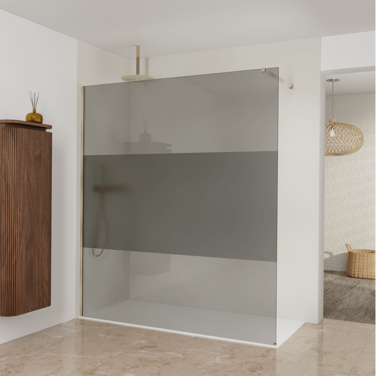 Balmani Modular inloopdouche: 180 x 200 cm, Rookglas met matte strook, Brushed Champagne Gold profielen