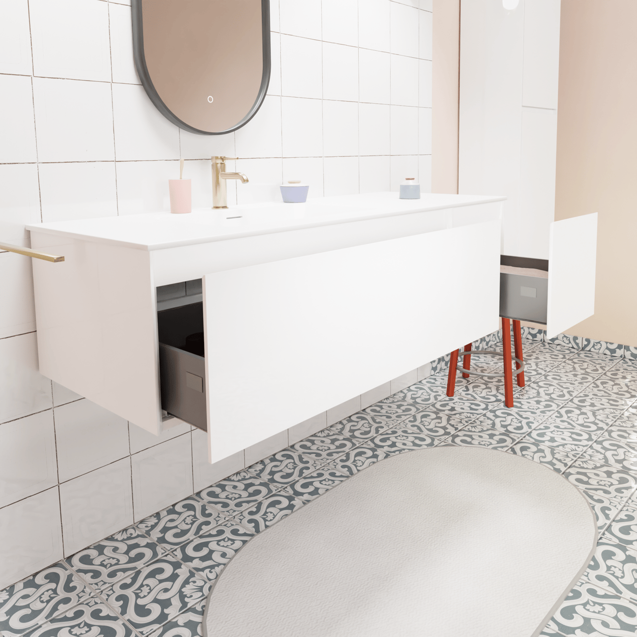 Storke Edge hängendes Möbelstück Set: 140 x 52 cm, Weiß glänzend, mit Mata Waschtisch links, Solid Surface Weiß matt