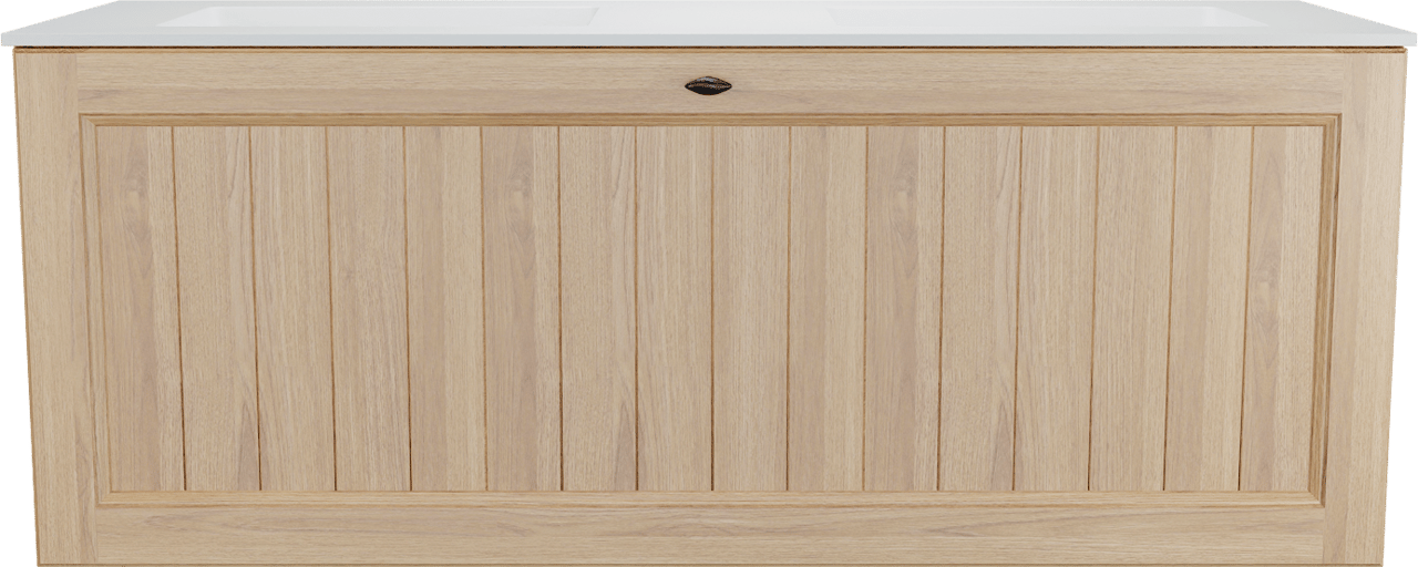 Balmani Lemon zwevend badkamermeubel 135 x 55 cm, fineer natuur eik met Tablo Stretto dubbele wastafel in mat wit