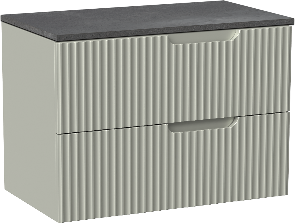 Linie Ribbo zwevend badkamermeubel 80 x 46 cm greige met Lado enkel tablet in melamine leisteen grijs, Verticale symmetrische ronde ribbel