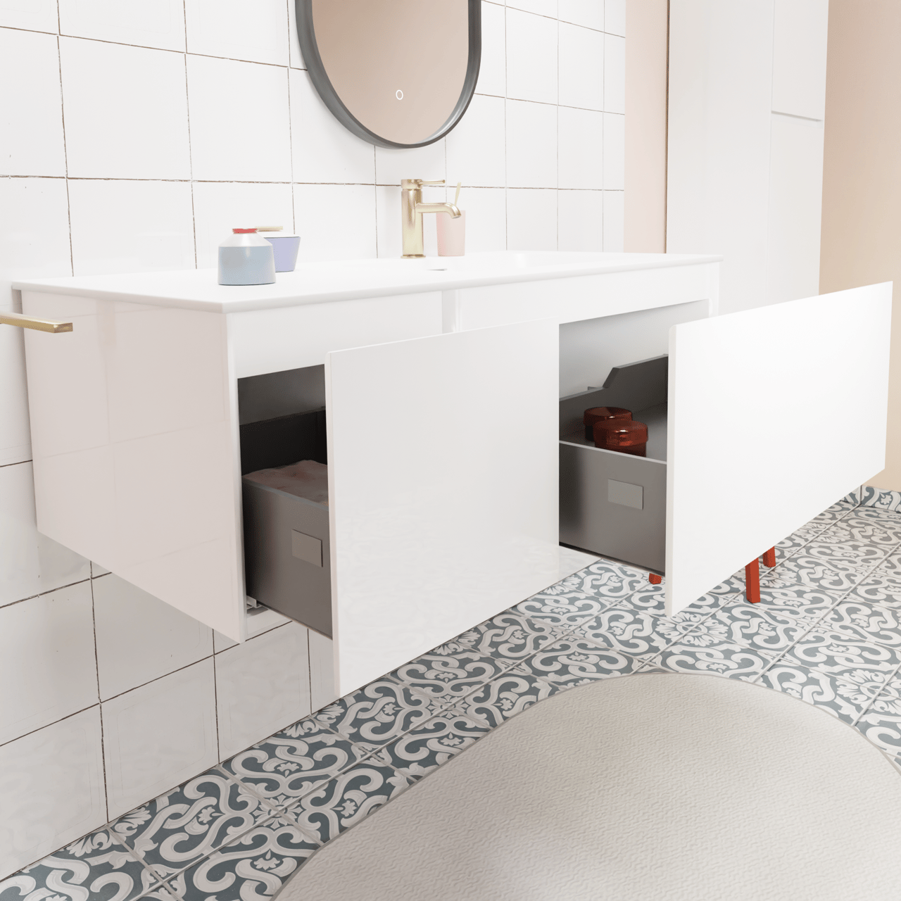 Storke Edge meuble salle de bains suspendu 110 x 52 cm blanc brillant avec Mata plan vasque asymétrique à droite en solid surface blanc mat