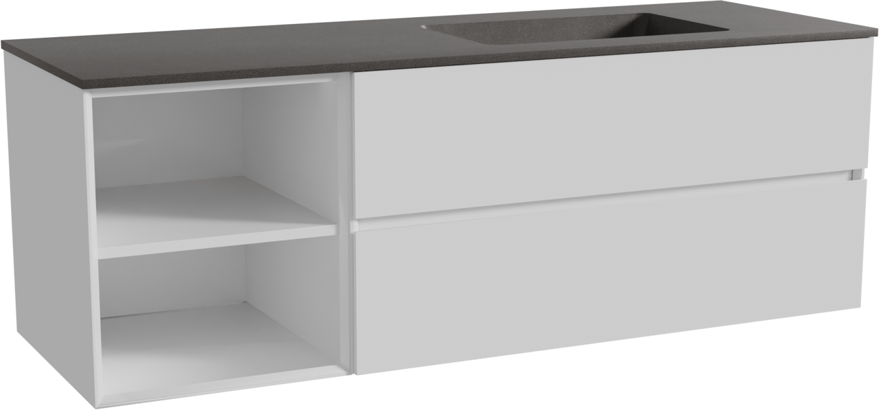 Storke Edge zwevend badmeubel 150 x 52 cm hoogglans wit met Scuro asymmetrisch rechtse wastafel in kwarts mat zwart