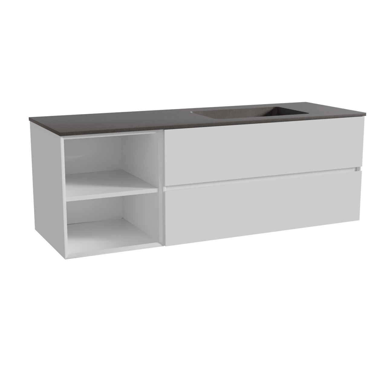Storke Edge meuble salle de bains suspendu 150 x 52 cm blanc brillant avec Scuro plan vasque asymétrique à droite en quartz noir mat