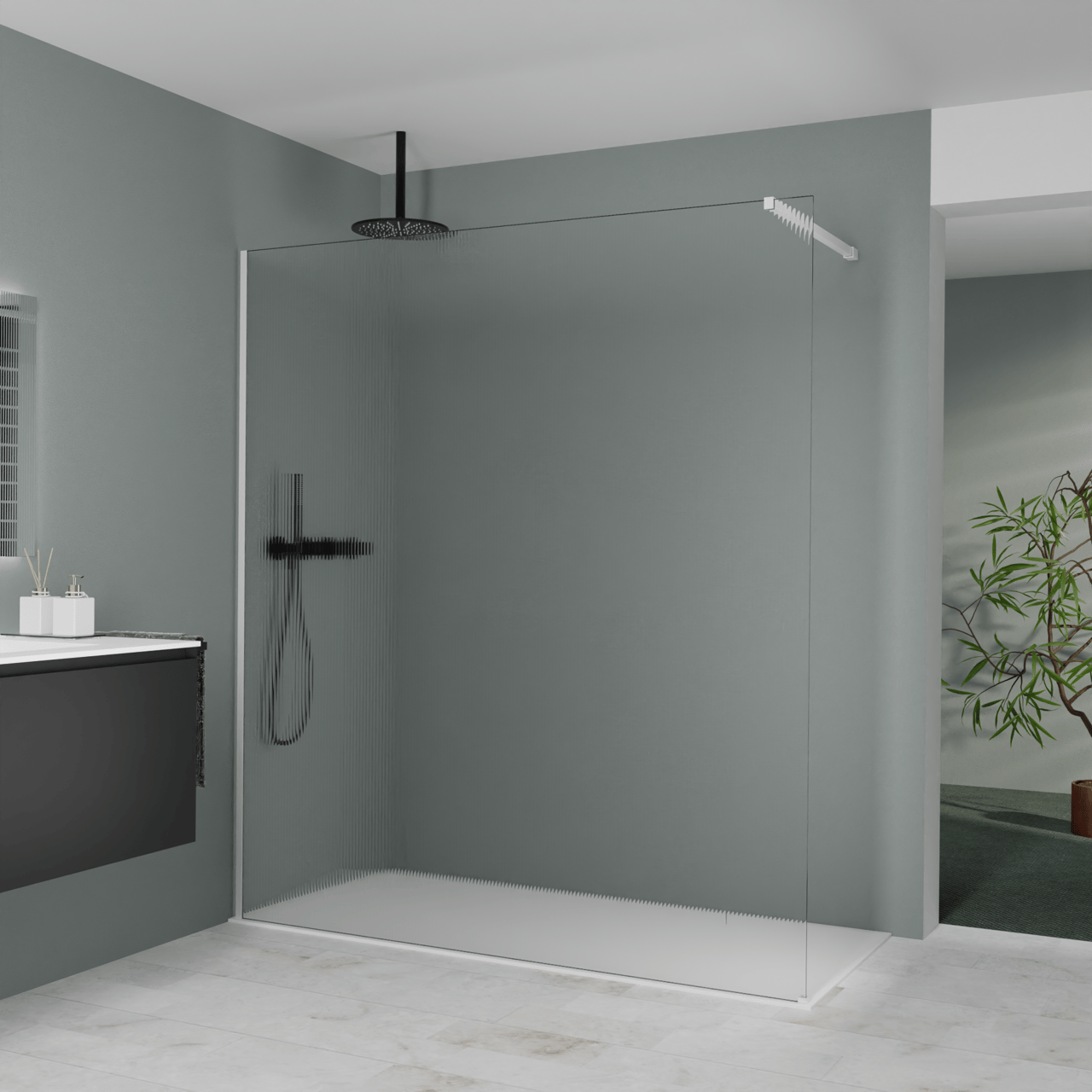 Balmani Modular inloopdouche: 180 x 200 cm, Ribs met coating, Mat witte profielen