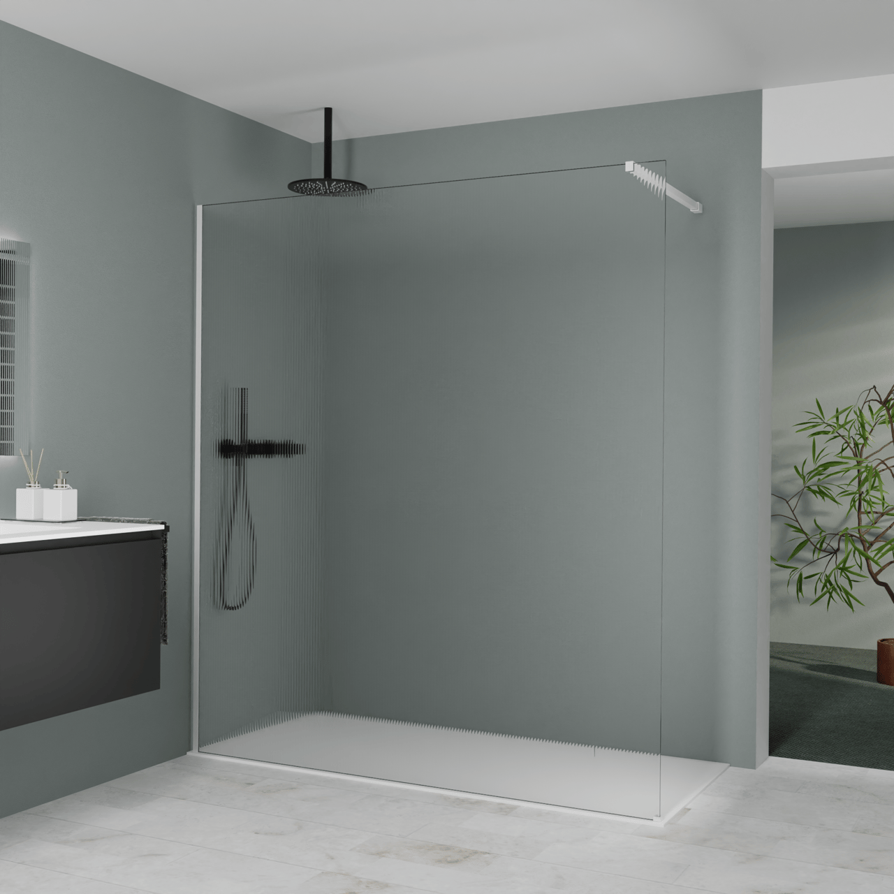 Balmani Modular inloopdouche: 180 x 200 cm, Ribs met coating, Mat witte profielen