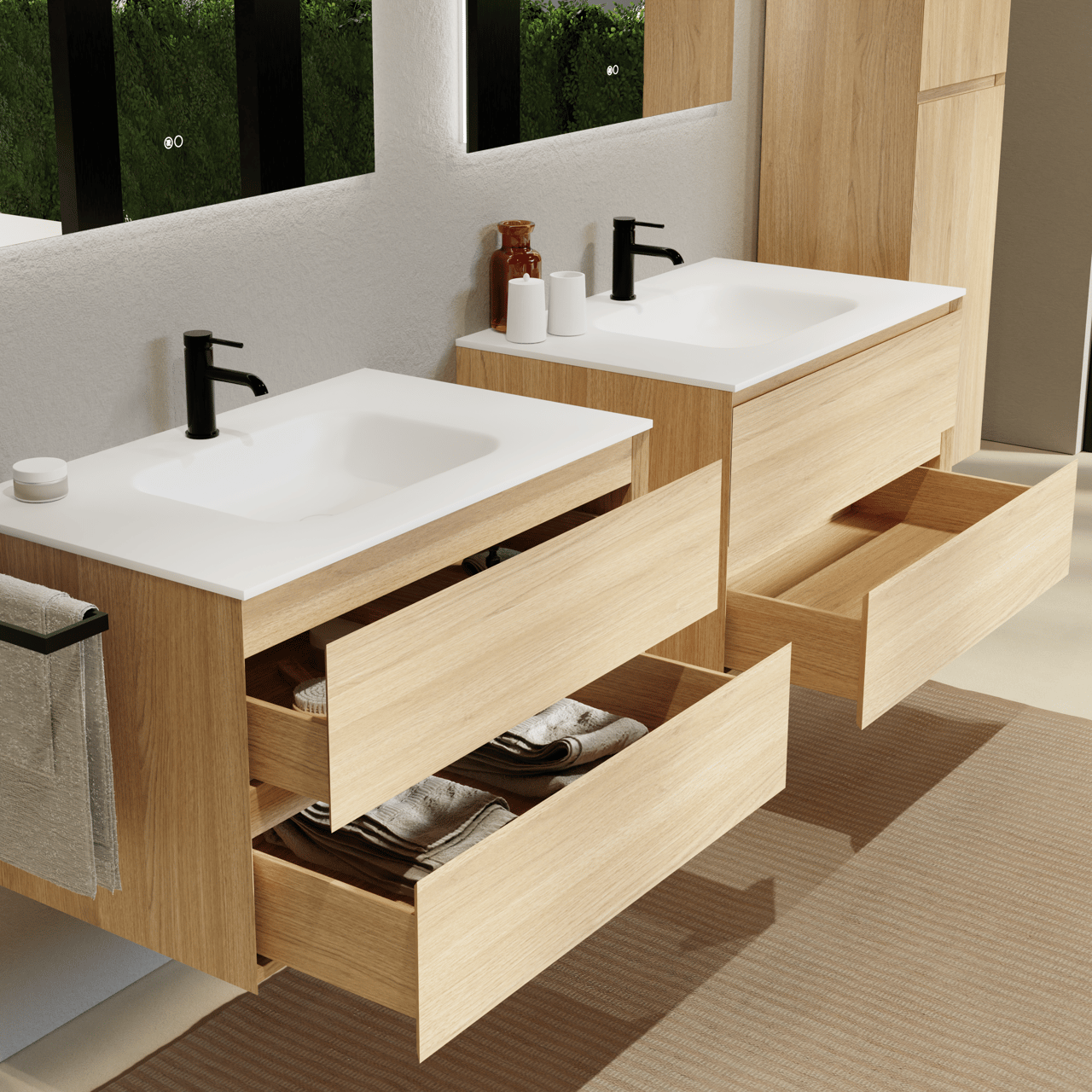 Balmani Mitra hängendes Möbelstück Set: 90 x 55 cm, Naturbelassene Eiche, mit Tablo Arcato Einzelwaschtisch, Solid Surface Weiß matt