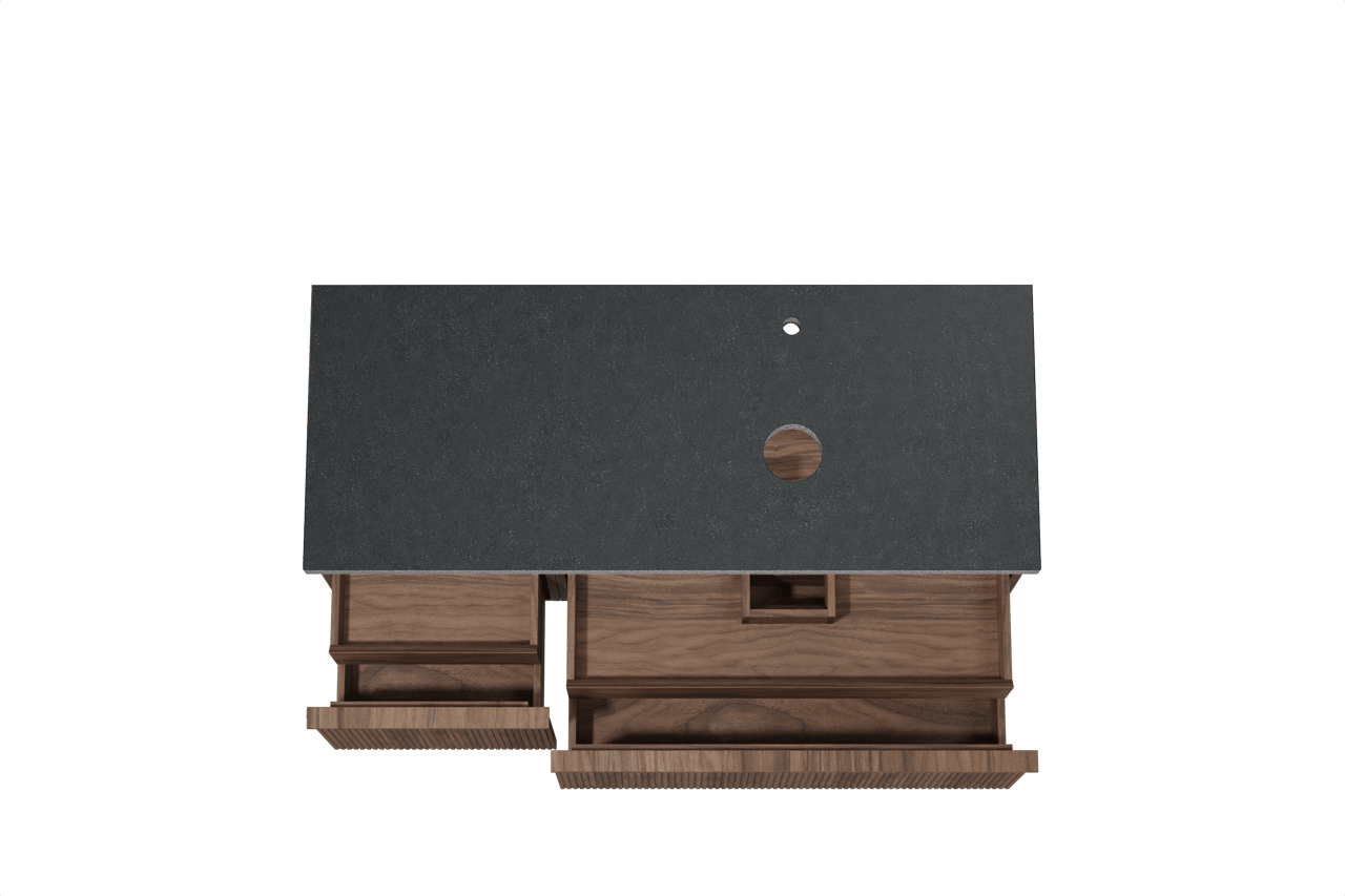 Balmani Forma hängendes Möbelstück Set: 135 x 55 cm, Amerikanischer Nussbaum, mit Rock Waschtisch rechts, Granit, Schwarzes Granit, Vertikale symmetrische gerade Rippe