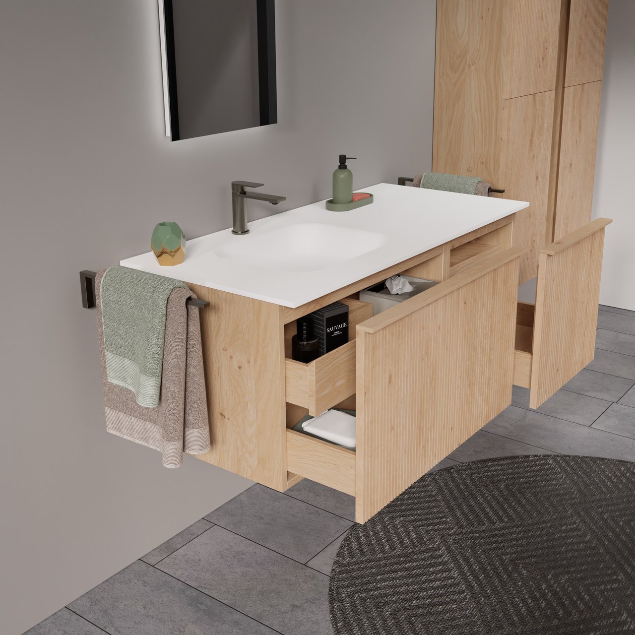 Balmani Forma hängendes Möbelstück Set: 120 x 55 cm, Naturbelassene Eiche, mit Tablo Arcato Waschtisch links, Solid Surface, Weiß matt, Vertikale symmetrische gerade Rippe