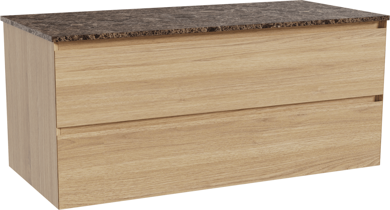 Balmani Mitra zwevend badkamermeubel 120 x 55 cm natuur eik met Stretto enkel of dubbel tablet in marmer dark emperador