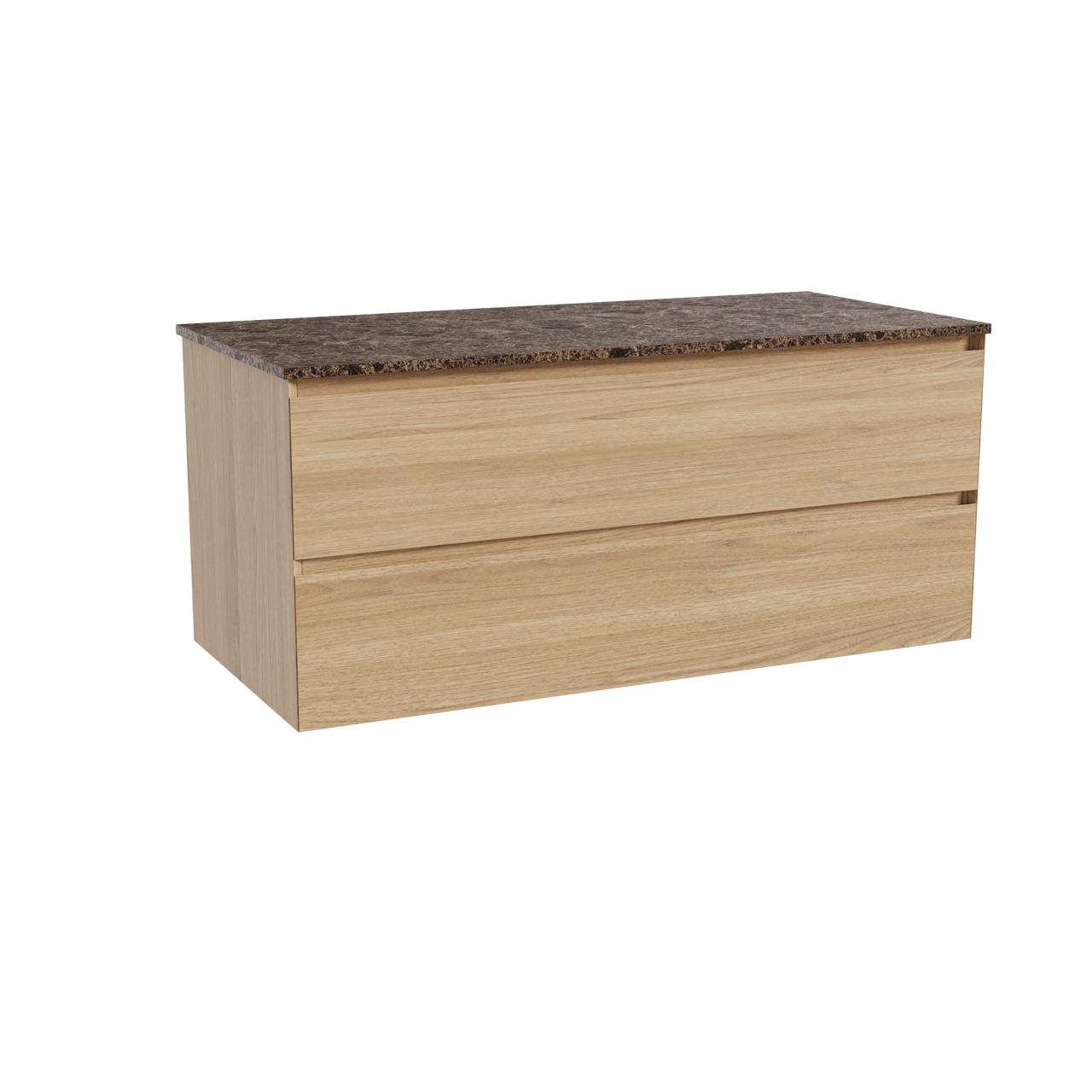 Balmani Mitra hängendes Möbelstück Set: 120 x 55 cm, Naturbelassene Eiche, mit Stretto Einzel- oder Doppel Waschtischplatte, Marmor Dark Emperador