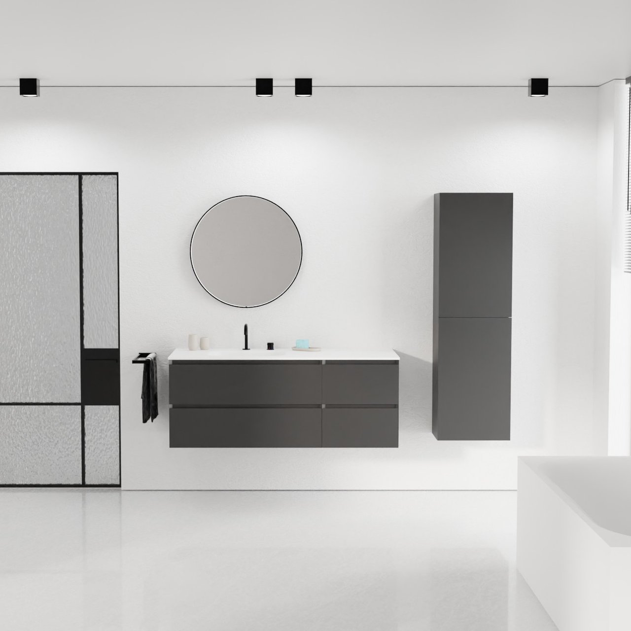 Balmani Mitra hängendes Möbelstück Set: 135 x 55 cm, Schwarz matt, mit Tablo Arcato Waschtisch links, Solid Surface Weiß matt