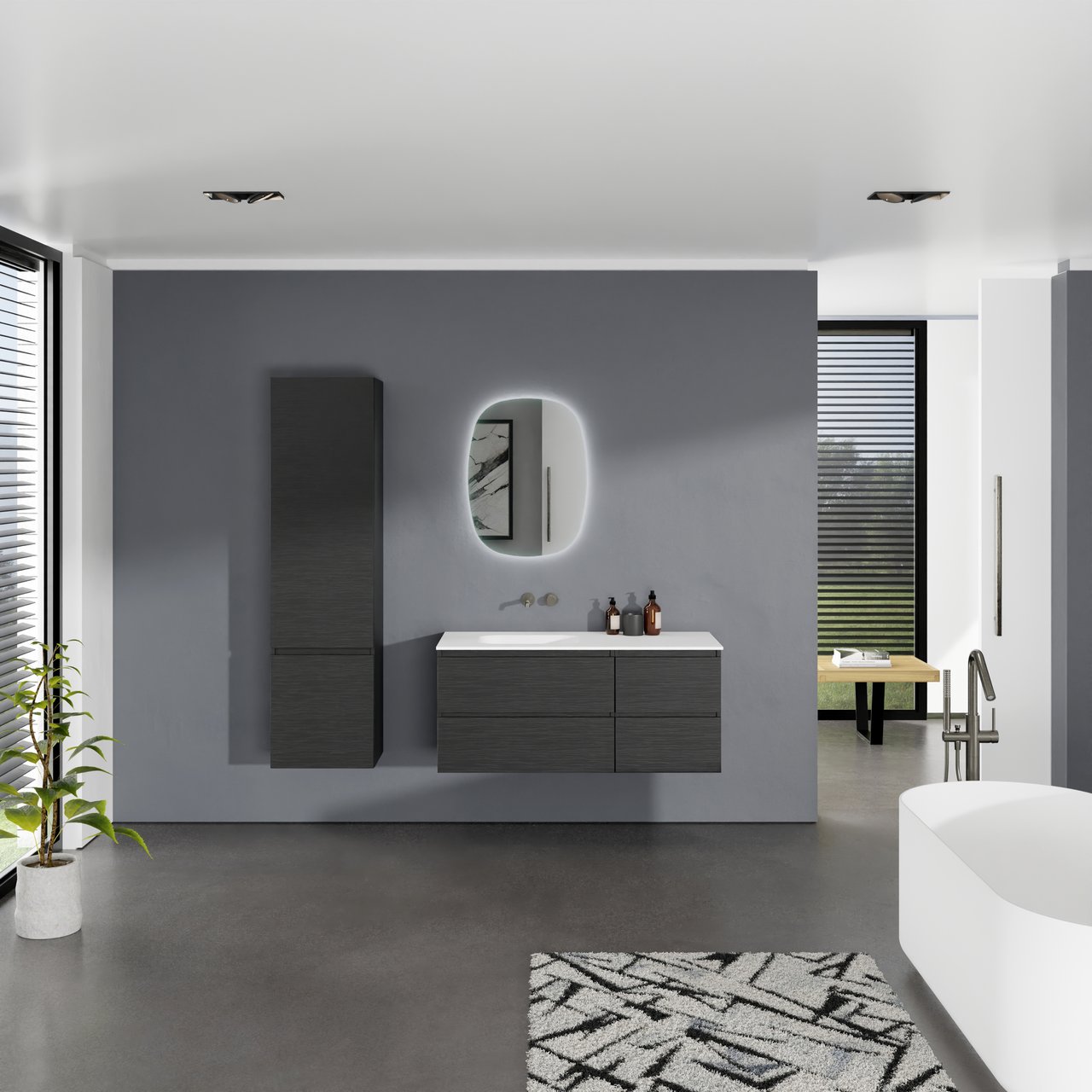 Balmani Lucida hängendes Möbelstück Set: 120 x 55 cm, Schwarze Eiche, mit Tablo Arcato Waschtisch links, Solid Surface Weiß matt