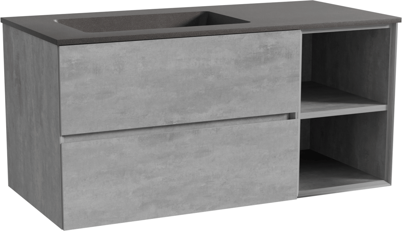 Storke Edge zwevend badmeubel 110 x 52 cm beton donkergrijs met Scuro asymmetrisch linkse wastafel in kwarts mat zwart