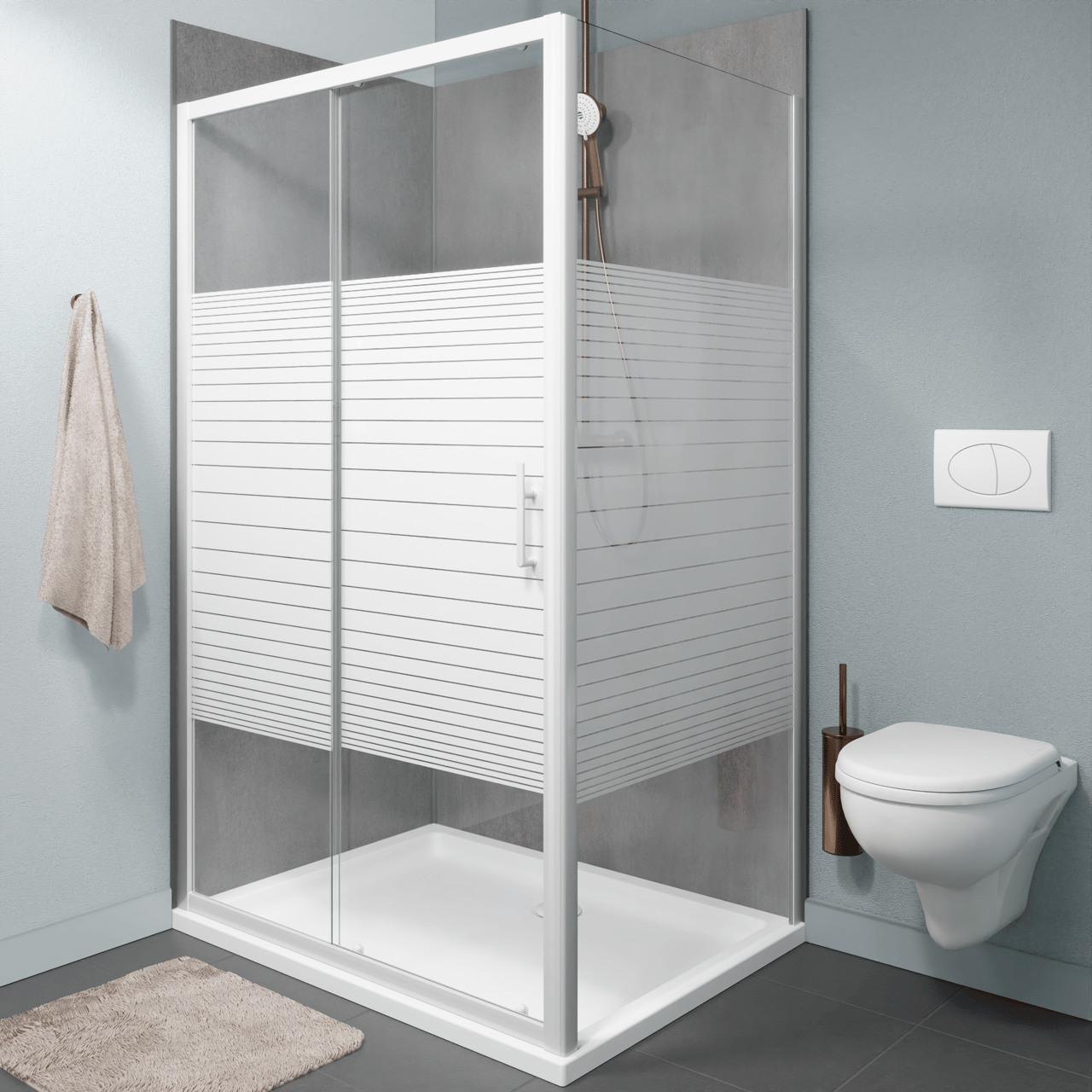 SanyOne Anton douchehoek met schuifdeur en vaste zijwand, 120 x 90 cm, gestreept glas, witte profielen