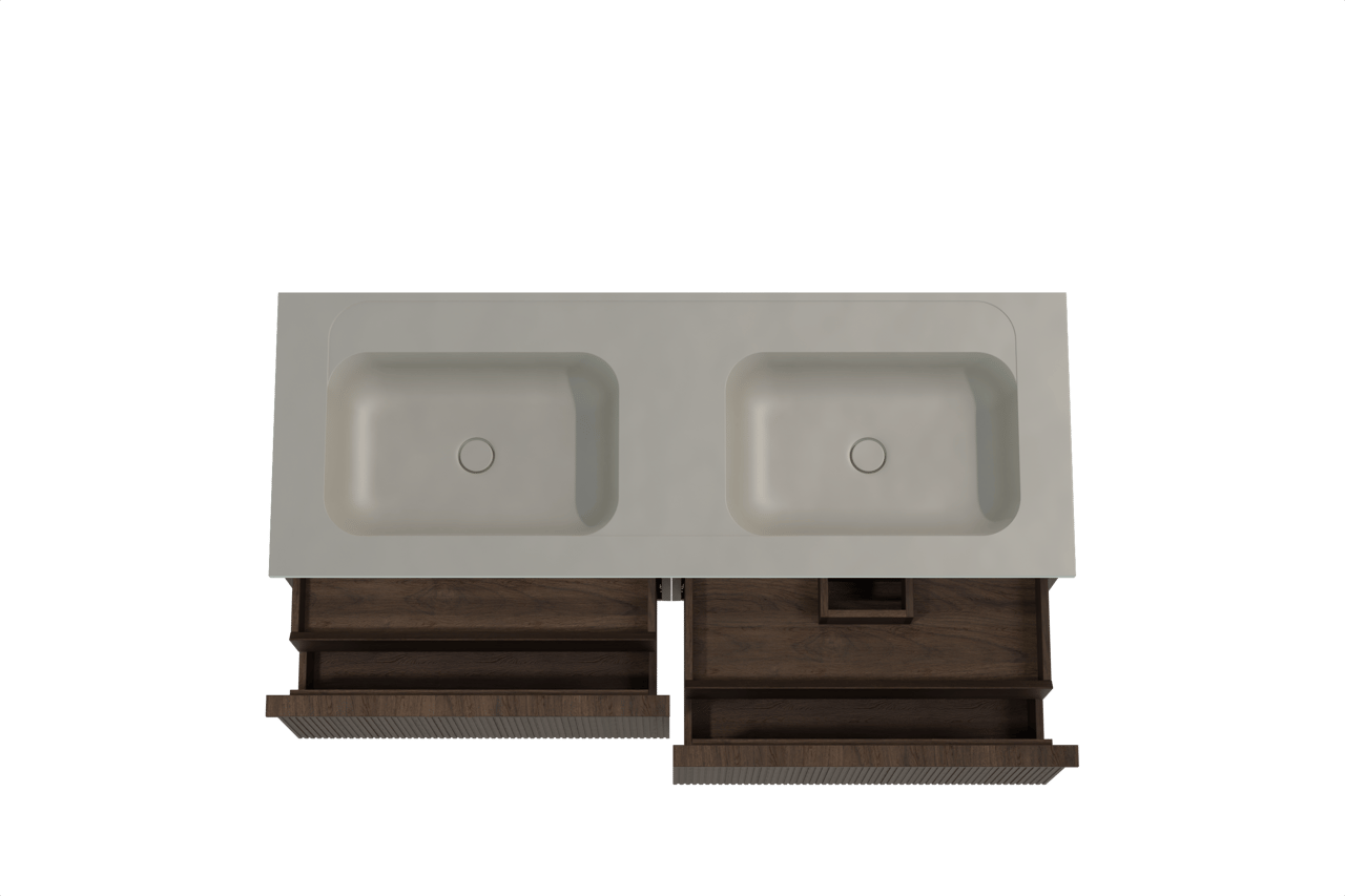 Balmani Forma hängendes Möbelstück Set: 150 x 55 cm, Geräucherte Eiche, mit Tablo Strada Doppelwaschtisch, Marmorkomposit, Seidengrau, Vertikale symmetrische gerade Rippe