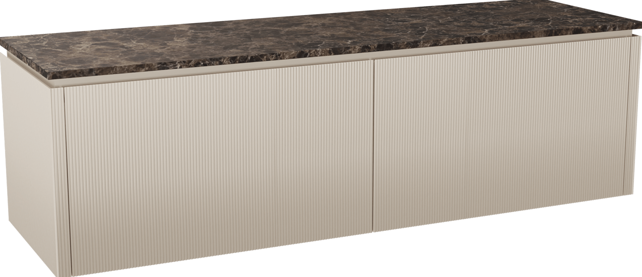 Balmani Eclips zwevend badkamermeubel 180 x 55 cm Sandbeige met Stretto enkel of dubbel tablet in Dark Emperador marmer, Verticale symmetrische rechte ribbel